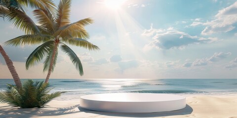 A podium stands on the beach with palm trees under the sunlight
