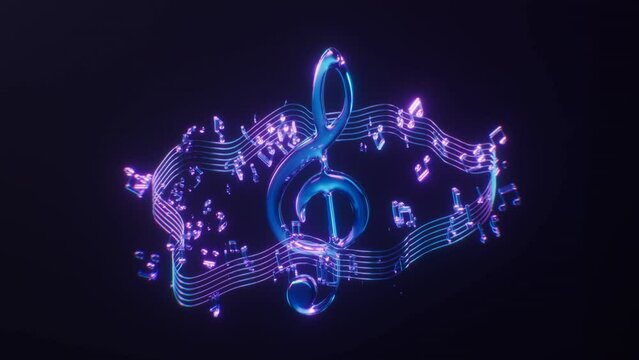 Music notes with dark neon light effect, 3d rendering.