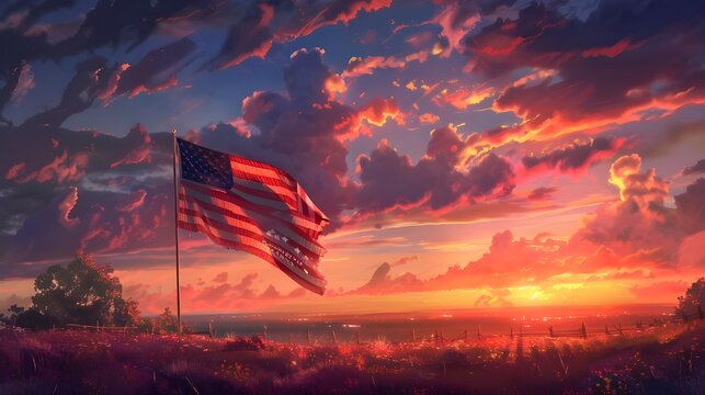 A low angle shot of the flag of United States with the sunset sky in the background, USA flag, cloudy sky in background, Sunrise Behind Backlit American Flag, Ai generated 