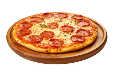Pepperoni pizza, thin crispy dough, stretched cheese, pepperoni topping, sprinkled with oregano on a wooden tray, isolated on transparent background.