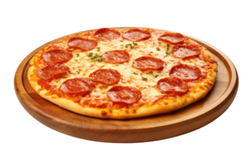 Pepperoni pizza, thin crispy dough, stretched cheese, pepperoni topping, sprinkled with oregano on a wooden tray, isolated on transparent background.