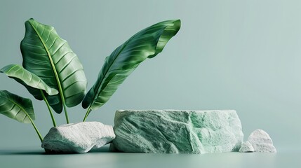 Green leaf and rock pedestal, 3D abstract summer scene, art presentation stage