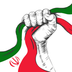 Clenched fist and Iranian flag ribbon. 1 April. Happy Independence Day of Iran. Hand and Iran flag Vector illustration on a white background.
