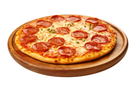 Pepperoni pizza, thin crispy dough, stretched cheese, pepperoni topping, sprinkled with oregano on a wooden tray, isolated on transparent background.