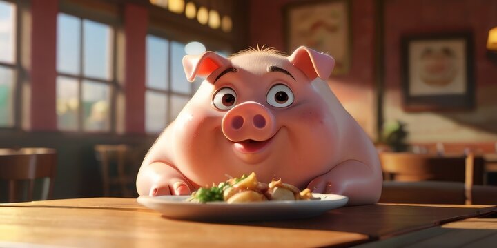 A fat pig eating at a table in a restaurant, overeating gluttony concept