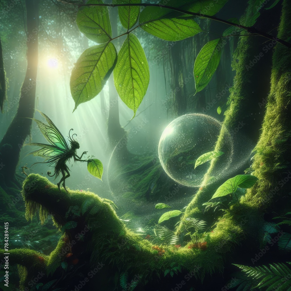 Poster an ethereal forest scene with a fairy and glowing orbs, invoking a magical dawn amidst ancient trees