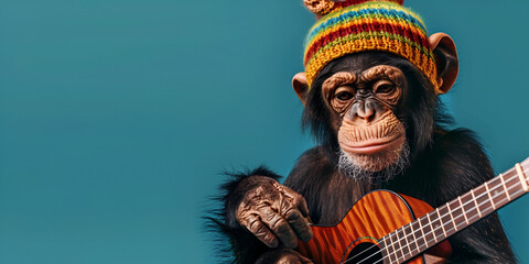 Monkey playing guitar with winter hat on blue background Instrument Talent, 
 - obrazy, fototapety, plakaty