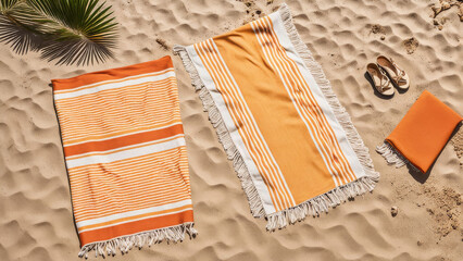 a sun-soaked summer day with vibrant beach-inspired scene. A golden sandy beach stretches out, dotted with colorful beach towels in playful patterns.