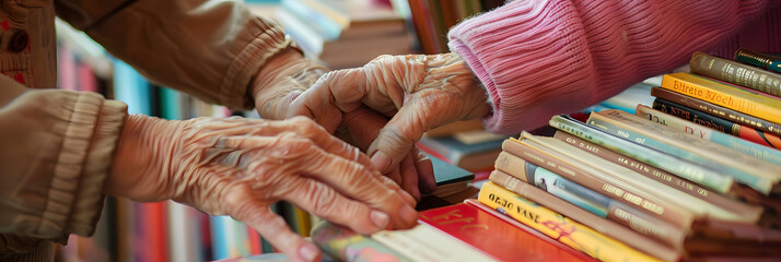 Photo of an elderly librarian helping a child find books with a close up on their hands and the book spines promoting the value of literacy and learning - obrazy, fototapety, plakaty