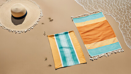 a sun-soaked summer day with vibrant beach-inspired scene. A golden sandy beach stretches out, dotted with colorful beach towels in playful patterns. - obrazy, fototapety, plakaty