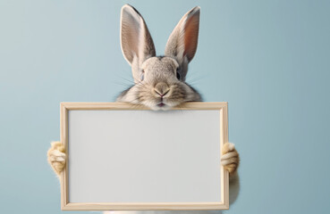 Grey bunny is holding a blank sign in wooden frame. Easter announcement on blue pastel background. Easter mock up, place for text. Easter celebration concept. Created with generative AI. 