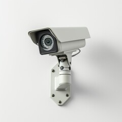 Close-up of a security camera with a clear view against an isolated white backdrop symbolizing surveillance and safety.