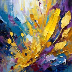 Abstract garden party oil painting and brushstroke painting in the style of francoise nielly with splashes of yellow, purple and deep blue. Paint texture. Palette knife. Gold accent colour