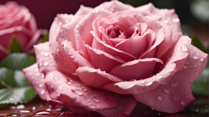 {A photorealistic image showcasing a close-up view of a vibrant pink rose adorned with delicate water droplets. The focus should be on capturing the intricate details of the rose petals, highlighting 