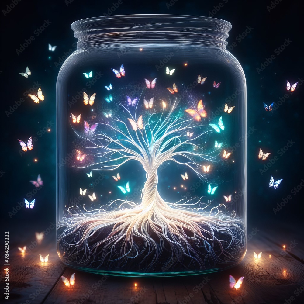 Poster A mystical tree with a luminescent canopy and roots, encased in a clear jar, surrounded by fluttering butterflies against a dark backdrop.. AI Generation