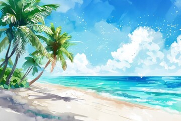Beautiful landscape with a beach with palm trees in a sunny day. Watercolor illustration. AI generative - 784290443
