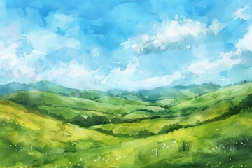 Beautiful idyllic  landscape with a green hills in a sunny day. Watercolor illustration. AI generative