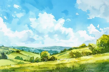 Beautiful idyllic  landscape with a green hills in a sunny day. Watercolor illustration. AI generative - 784290649