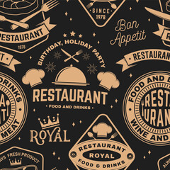 Restaurant seamless pattern or background. Vector Illustration. Fabric, textile, wallaper with plate, cloche with lid, fork and knife. - 784290654