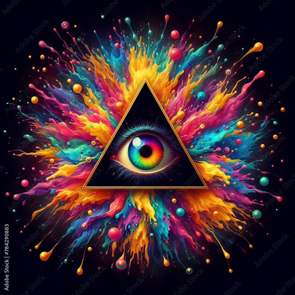 Poster a striking image of an all-seeing eye amidst a vibrant nebula of paint splashes and orbs.. ai genera