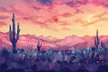 Beautiful landscape with a desert with a cacti. Watercolor illustration. AI generative