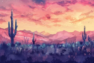 Zelfklevend Fotobehang Beautiful landscape with a desert with a cacti. Watercolor illustration. AI generative © tiena