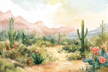 Beautiful landscape with a desert with a cacti. Watercolor illustration. AI generative - 784290875