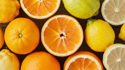 summer citrus fruits, from zesty oranges to tangy lemons. the juicy textures and sunny tones of citrus ,a burst of summer energy. - obrazy, fototapety, plakaty