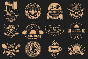 Set of Restaurant logo. Vector Illustration. Vintage graphic design for logotype, label, badge with plate, steak, cloche with lid, fork and knife. Cooking, cuisine logo for menu restaurant or cafe. - 784291036