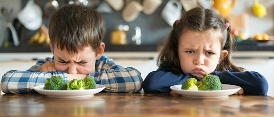 Kids frowning at their plate with just a small broccoli, visualizing the struggles of dietary restrictions and eating disorders