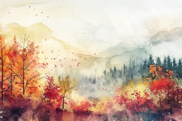 Naklejka na ściany i meble Beautiful autumn forest. Watercolor illustration. AI generative