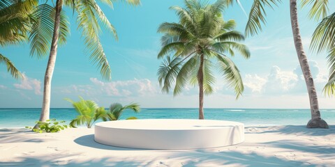A white podium on a beach with palm trees, azure water, and clear blue sky