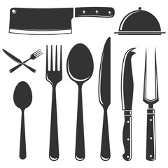 Set of cutlery icons silhouettes. Spoon, forks, knife, cloche with lid. Graphic with knives, forks, and spoons used for eating or serving food for restaurant business concept. Vector illustration - 784291206