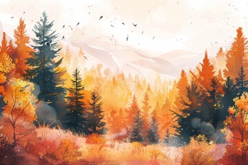 Beautiful autumn forest. Watercolor illustration. AI generative - 784291238