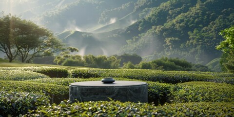 Teapot on table in grassy field with mountains in background