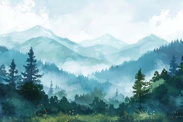 Beautiful mountains and forest. Watercolor illustration. AI generative - 784291292
