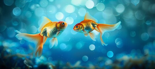 Fototapeta premium Two goldfish swimming in the water, as if in a fish tank, with a closeup shot.