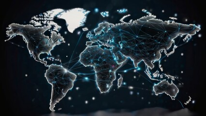 Digital blue map of Europe with glowing nodes - Image showcases network connections across European countries symbolizing communication and data exchange