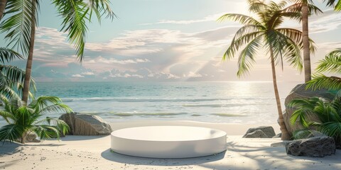White podium stands on sandy beach with palm trees, rocks, and clear blue sky