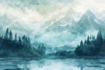 Beautiful mountains and forest. Watercolor illustration. AI generative - 784291635