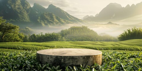 A tree stump stands in a lush green field with mountains in the background