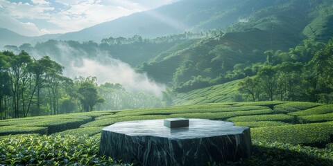 A tree stump in a green field with mountains in the background