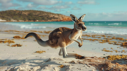 A kangaroo hopping along on the beach at Lucky Bay, generative ai
