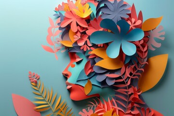 woman head, paper illustration, multi dimensional colorful paper cut craft
- 784291869