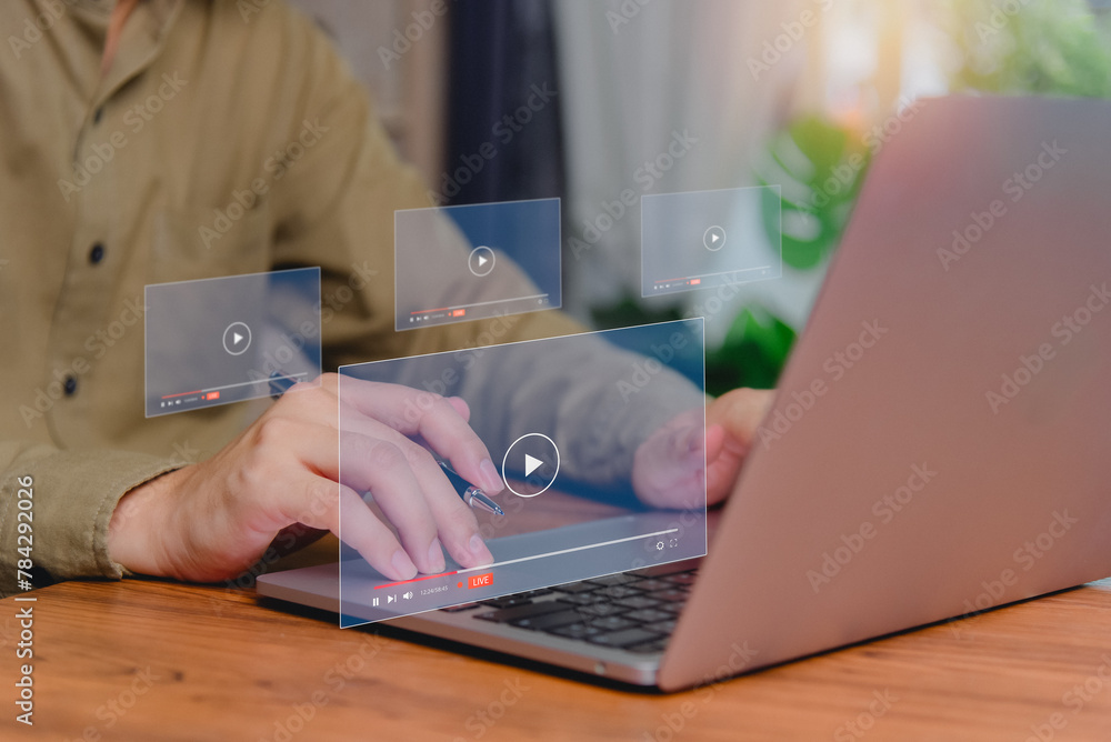Poster user laptop with live streaming controls. online video streaming on internet digital multimedia play
