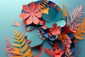woman head, paper illustration, multi dimensional colorful paper cut craft

