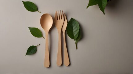 bunner eco friendly disposable kitchenware utensils on white background. wooden forks and spoons in paper cup. and green leaf .Generative AI