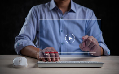 Person with virtual video player interface on transparent screen, technology concept - 784292056