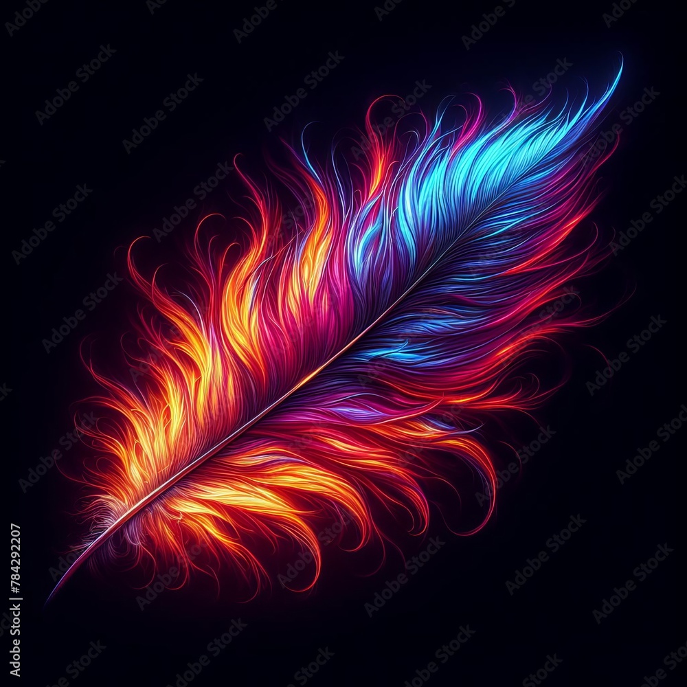 Poster an artistically rendered, multicolored feather glows with fiery and cool hues, symbolizing creativit