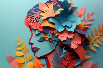 woman head, paper illustration, multi dimensional colorful paper cut craft
- 784292222